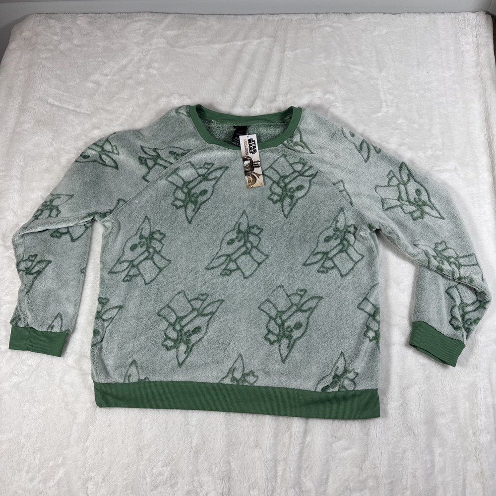 Star Wars Womens Grogu Baby Yoda All Over Print Olive Green Pullover Sleep XL